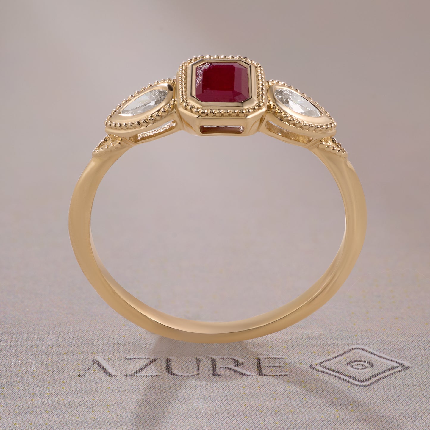 Ruby Emerald & Pear Diamond Milgrain Ring