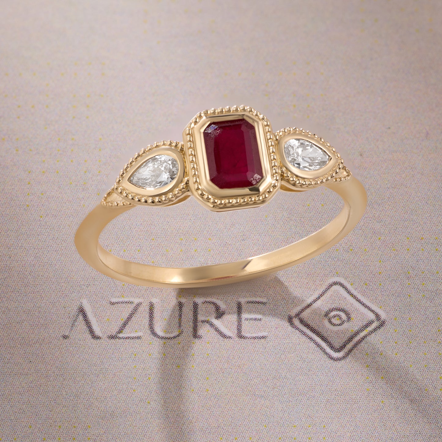 Ruby Emerald & Pear Diamond Milgrain Ring