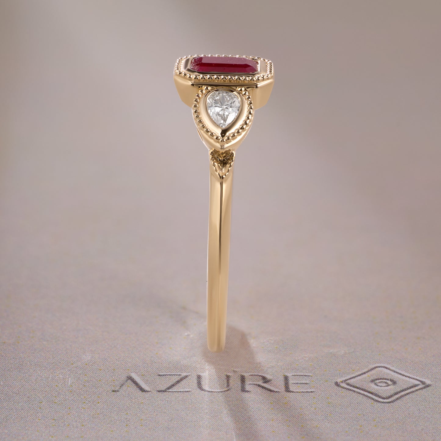 Ruby Emerald & Pear Diamond Milgrain Ring