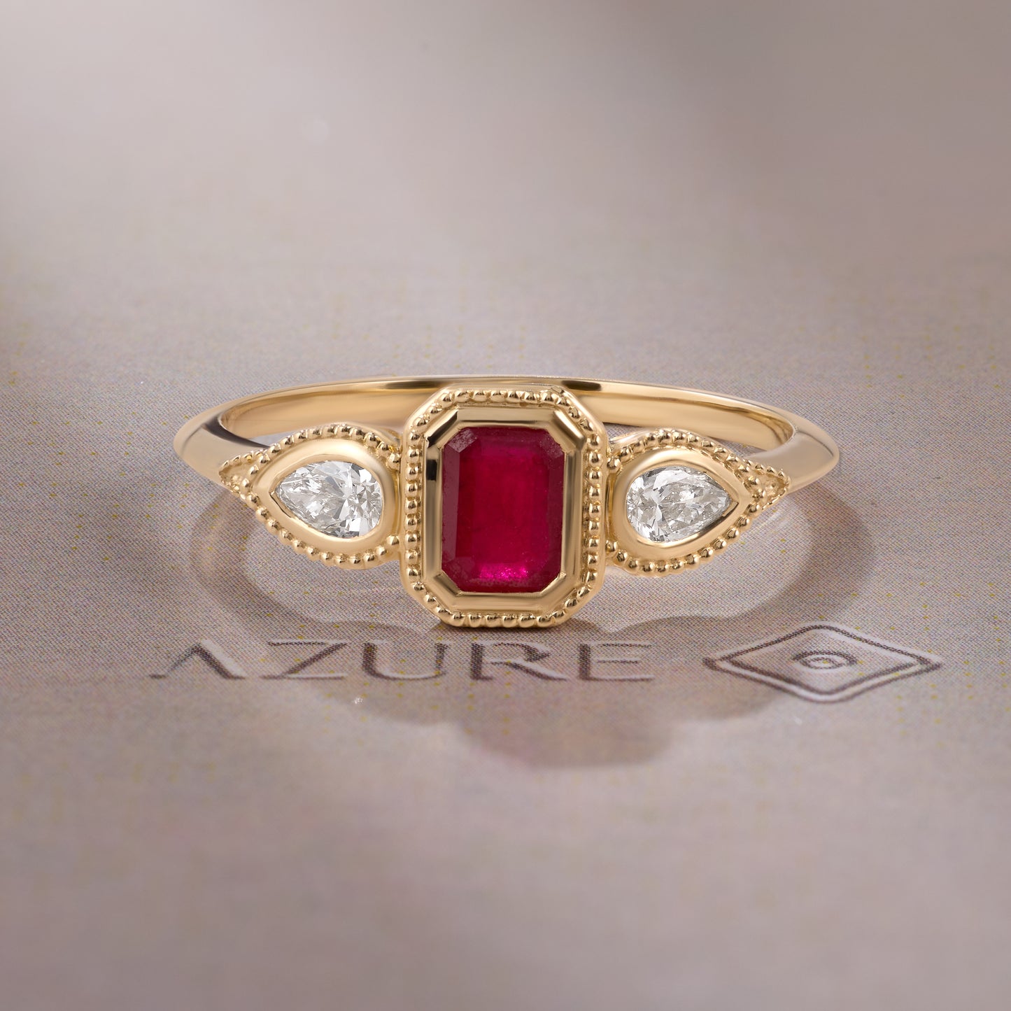 Ruby Emerald & Pear Diamond Milgrain Ring
