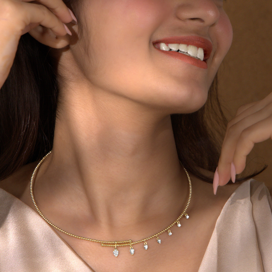 Beaded Pear & Round Diamond Drop Necklace