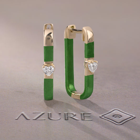 Green Enamel Heart Diamond Earrings