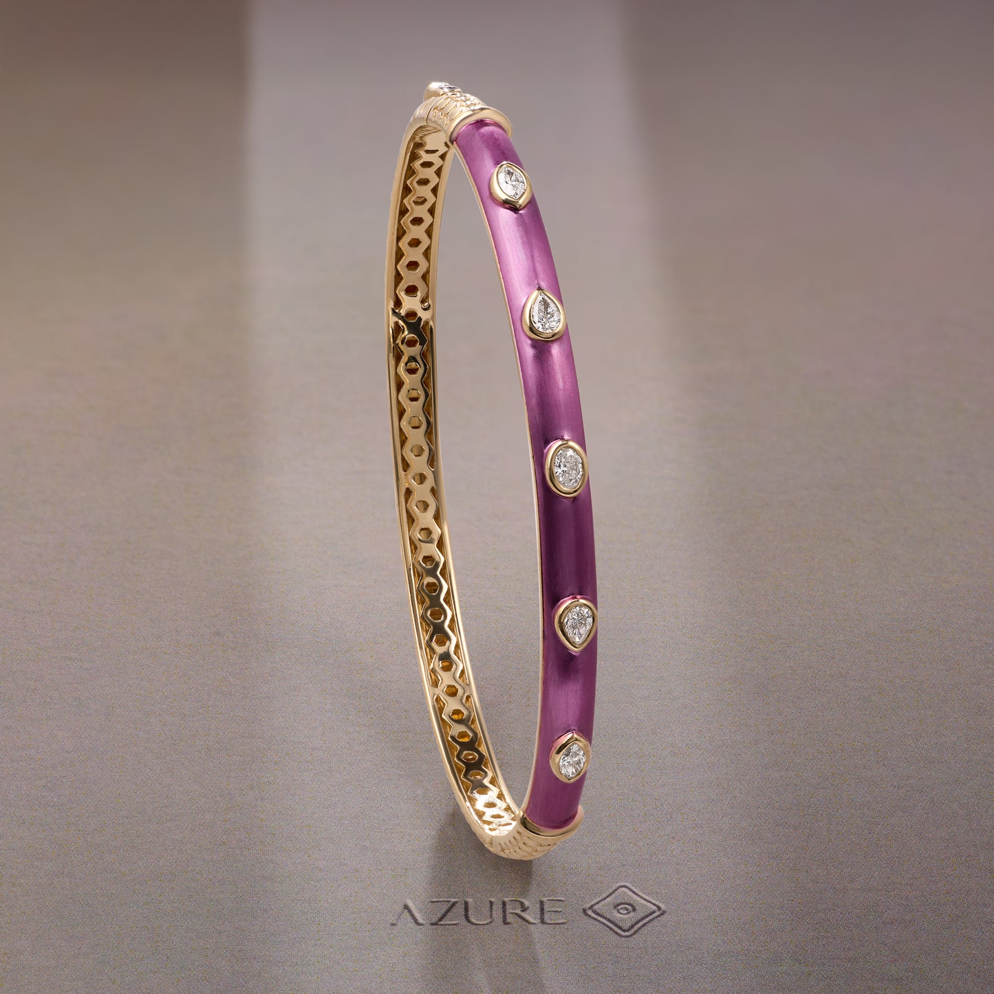 Pink Enamel Marquise, Oval And Pear Diamond Bangle